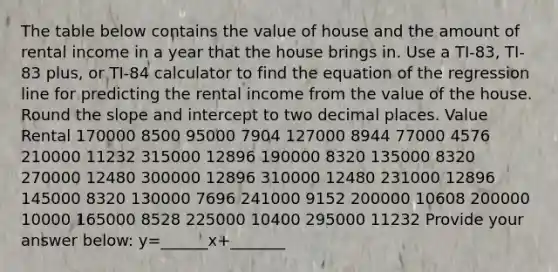 The table below contains the value of house and the amount of rental income in a year that the house brings in. Use a TI-83, TI-83 plus, or TI-84 calculator to find the equation of the regression line for predicting the rental income from the value of the house. Round the slope and intercept to two decimal places. Value Rental 170000 8500 95000 7904 127000 8944 77000 4576 210000 11232 315000 12896 190000 8320 135000 8320 270000 12480 300000 12896 310000 12480 231000 12896 145000 8320 130000 7696 241000 9152 200000 10608 200000 10000 165000 8528 225000 10400 295000 11232 Provide your answer below: y=______x+_______