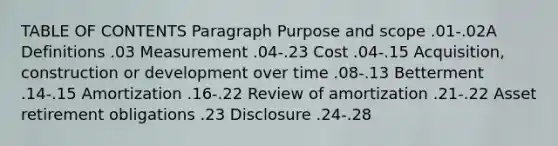 TABLE OF CONTENTS Paragraph Purpose and scope .01-.02A Definitions .03 Measurement .04-.23 Cost .04-.15 Acquisition, construction or development over time .08-.13 Betterment .14-.15 Amortization .16-.22 Review of amortization .21-.22 Asset retirement obligations .23 Disclosure .24-.28