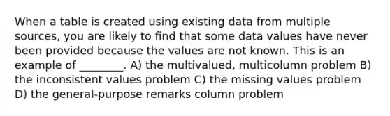 When a table is created using existing data from multiple sources, you are likely to find that some data values have never been provided because the values are not known. This is an example of ________. A) the multivalued, multicolumn problem B) the inconsistent values problem C) the missing values problem D) the general-purpose remarks column problem