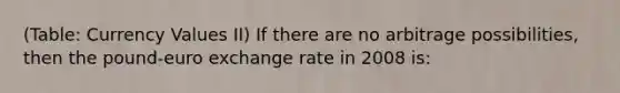 (Table: Currency Values II) If there are no arbitrage possibilities, then the pound-euro exchange rate in 2008 is: