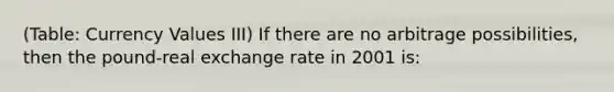 (Table: Currency Values III) If there are no arbitrage possibilities, then the pound-real exchange rate in 2001 is: