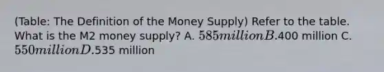 (Table: The Definition of the Money Supply) Refer to the table. What is the M2 money supply? A. 585 million B.400 million C. 550 million D.535 million