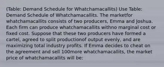 (Table: Demand Schedule for Whatchamacallits) Use Table: Demand Schedule of Whatchamacallits. The marketfor whatchamacallits consists of two producers, Emma and Joshua. Each firm can produce whatchamacallits withno marginal cost or fixed cost. Suppose that these two producers have formed a cartel, agreed to split productionof output evenly, and are maximizing total industry profits. If Emma decides to cheat on the agreement and sell 100more whatchamacallits, the market price of whatchamacallits will be: