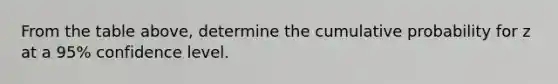 From the table above, determine the cumulative probability for z at a 95% confidence level.