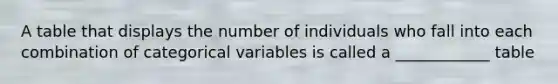 A table that displays the number of individuals who fall into each combination of categorical variables is called a ____________ table