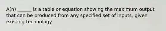 A(n) ______ is a table or equation showing the maximum output that can be produced from any specified set of inputs, given existing technology.