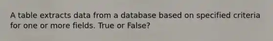 A table extracts data from a database based on specified criteria for one or more fields. True or False?