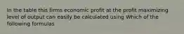 In the table this firms economic profit at the profit maximizing level of output can easily be calculated using Which of the following formulas