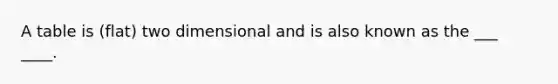 A table is (flat) two dimensional and is also known as the ___ ____.