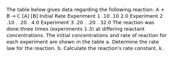 The table below gives data regarding the following reaction: A + B → C [A] [B] Initial Rate Experiment 1 .10 .10 2.0 Experiment 2 .10 . .20 . 4.0 Experiment 3 .20 . .20 . 32.0 The reaction was done three times (experiments 1-3) at differing reactant concentrations. The initial concentrations and rate of reaction for each experiment are shown in the table a. Determine the rate law for the reaction. b. Calculate the reaction's rate constant, k.