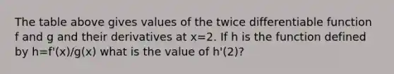 The table above gives values of the twice differentiable function f and g and their derivatives at x=2. If h is the function defined by h=f'(x)/g(x) what is the value of h'(2)?