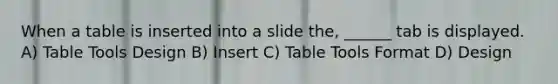 When a table is inserted into a slide the, ______ tab is displayed. A) Table Tools Design B) Insert C) Table Tools Format D) Design