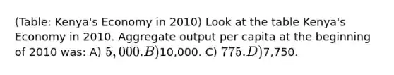 (Table: Kenya's Economy in 2010) Look at the table Kenya's Economy in 2010. Aggregate output per capita at the beginning of 2010 was: A) 5,000. B)10,000. C) 775. D)7,750.