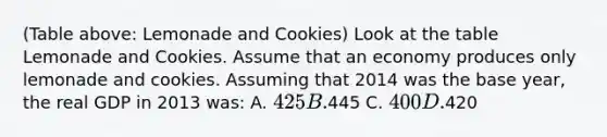 (Table above: Lemonade and Cookies) Look at the table Lemonade and Cookies. Assume that an economy produces only lemonade and cookies. Assuming that 2014 was the base year, the real GDP in 2013 was: A. 425 B.445 C. 400 D.420