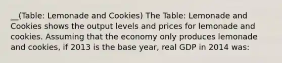 __(Table: Lemonade and Cookies) The Table: Lemonade and Cookies shows the output levels and prices for lemonade and cookies. Assuming that the economy only produces lemonade and cookies, if 2013 is the base year, real GDP in 2014 was: