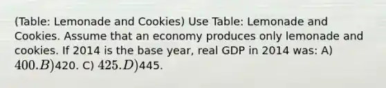 (Table: Lemonade and Cookies) Use Table: Lemonade and Cookies. Assume that an economy produces only lemonade and cookies. If 2014 is the base year, real GDP in 2014 was: A) 400. B)420. C) 425. D)445.