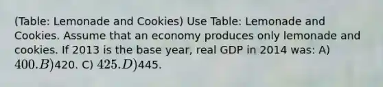 (Table: Lemonade and Cookies) Use Table: Lemonade and Cookies. Assume that an economy produces only lemonade and cookies. If 2013 is the base year, real GDP in 2014 was: A) 400. B)420. C) 425. D)445.