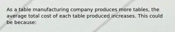 As a table manufacturing company produces more tables, the average total cost of each table produced increases. This could be because:​