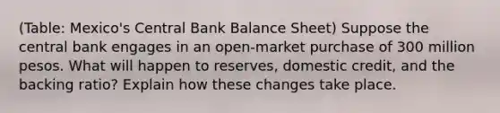 (Table: Mexico's Central Bank Balance Sheet) Suppose the central bank engages in an open-market purchase of 300 million pesos. What will happen to reserves, domestic credit, and the backing ratio? Explain how these changes take place.