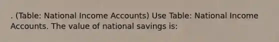 . (Table: National Income Accounts) Use Table: National Income Accounts. The value of national savings is: