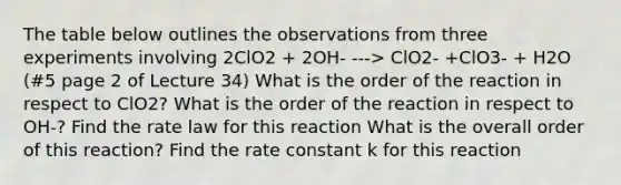 The table below outlines the observations from three experiments involving 2ClO2 + 2OH- ---> ClO2- +ClO3- + H2O (#5 page 2 of Lecture 34) What is the order of the reaction in respect to ClO2? What is the order of the reaction in respect to OH-? Find the rate law for this reaction What is the overall order of this reaction? Find the rate constant k for this reaction