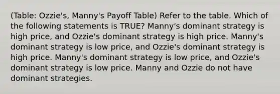 (Table: Ozzie's, Manny's Payoff Table) Refer to the table. Which of the following statements is TRUE? Manny's dominant strategy is high price, and Ozzie's dominant strategy is high price. Manny's dominant strategy is low price, and Ozzie's dominant strategy is high price. Manny's dominant strategy is low price, and Ozzie's dominant strategy is low price. Manny and Ozzie do not have dominant strategies.