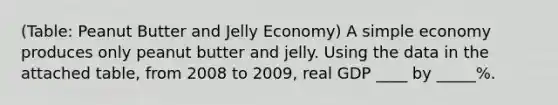 (Table: Peanut Butter and Jelly Economy) A simple economy produces only peanut butter and jelly. Using the data in the attached table, from 2008 to 2009, real GDP ____ by _____%.