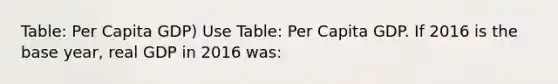 Table: Per Capita GDP) Use Table: Per Capita GDP. If 2016 is the base year, real GDP in 2016 was: