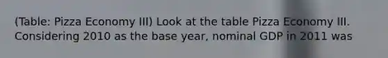 (Table: Pizza Economy III) Look at the table Pizza Economy III. Considering 2010 as the base year, nominal GDP in 2011 was