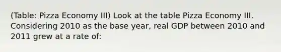 (Table: Pizza Economy III) Look at the table Pizza Economy III. Considering 2010 as the base year, real GDP between 2010 and 2011 grew at a rate of: