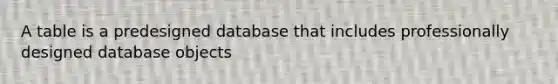 A table is a predesigned database that includes professionally designed database objects