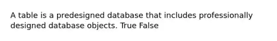 A table is a predesigned database that includes professionally designed database objects. True False