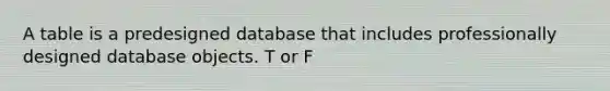 A table is a predesigned database that includes professionally designed database objects. T or F