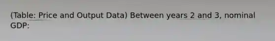 (Table: Price and Output Data) Between years 2 and 3, nominal GDP: