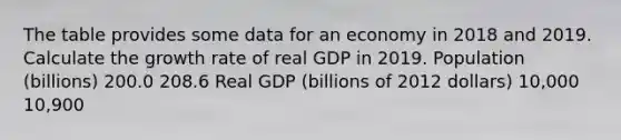 The table provides some data for an economy in 2018 and 2019. Calculate the growth rate of real GDP in 2019. Population​ (billions) 200.0 208.6 Real GDP​ (billions of 2012​ dollars) 10,000 10,900