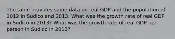 The table provides some data on real GDP and the population of 2012 in Sudico and 2013. What was the growth rate of real GDP in Sudico in 2013​? What was the growth rate of real GDP per person in Sudico in ​2013?