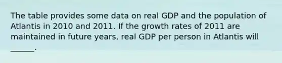 The table provides some data on real GDP and the population of Atlantis in 2010 and 2011. If the growth rates of 2011 are maintained in future​ years, real GDP per person in Atlantis will​ ______.