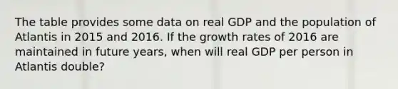 The table provides some data on real GDP and the population of Atlantis in 2015 and 2016. If the growth rates of 2016 are maintained in future​ years, when will real GDP per person in Atlantis ​double?