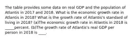 The table provides some data on real GDP and the population of Atlantis in 2017 and 2018. What is the economic growth rate in Atlantis in 2018​? What is the growth rate of Atlantis​'s standard of living in 2018​? (a)The economic growth rate in Atlantis in 2018 is _____percent. (b)The growth rate of Atlantis​'s real GDP per person in 2018 is ____.