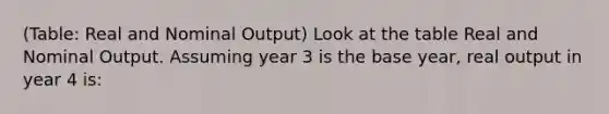 (Table: Real and Nominal Output) Look at the table Real and Nominal Output. Assuming year 3 is the base year, real output in year 4 is: