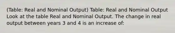 (Table: Real and Nominal Output) Table: Real and Nominal Output Look at the table Real and Nominal Output. The change in real output between years 3 and 4 is an increase of: