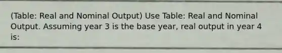 (Table: Real and Nominal Output) Use Table: Real and Nominal Output. Assuming year 3 is the base year, real output in year 4 is: