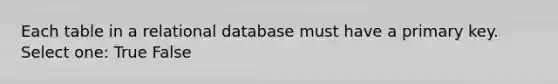 Each table in a relational database must have a primary key. Select one: True False