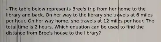 - The table below represents Bree's trip from her home to the library and back. On her way to the library she travels at 6 miles per hour. On her way home, she travels at 12 miles per hour. The total time is 2 hours. Which equation can be used to find the distance from Bree's house to the library?