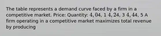 The table represents a demand curve faced by a firm in a competitive market. Price: Quantity: 4, 04, 1 4, 24, 3 4, 44, 5 A firm operating in a competitive market maximizes total revenue by producing