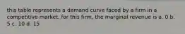 this table represents a demand curve faced by a firm in a competitive market. for this firm, the marginal revenue is a. 0 b. 5 c. 10 d. 15
