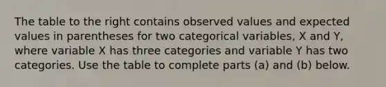 The table to the right contains observed values and expected values in parentheses for two categorical​ variables, X and​ Y, where variable X has three categories and variable Y has two categories. Use the table to complete parts ​(a) and ​(b) below.