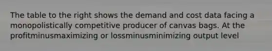 The table to the right shows the demand and cost data facing a monopolistically competitive producer of canvas bags. At the profitminusmaximizing or lossminusminimizing output level