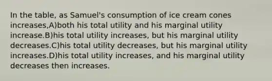 In the table, as Samuel's consumption of ice cream cones increases,A)both his total utility and his marginal utility increase.B)his total utility increases, but his marginal utility decreases.C)his total utility decreases, but his marginal utility increases.D)his total utility increases, and his marginal utility decreases then increases.