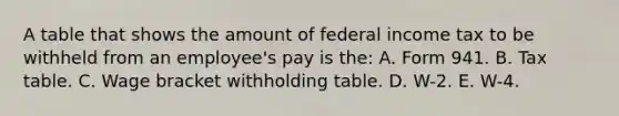 A table that shows the amount of federal income tax to be withheld from an employee's pay is the: A. Form 941. B. Tax table. C. Wage bracket withholding table. D. W-2. E. W-4.